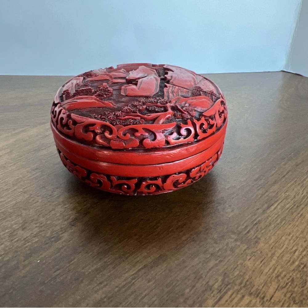 Red CineseCinnabar Carved Decorative Box - Picture 2 of 7
